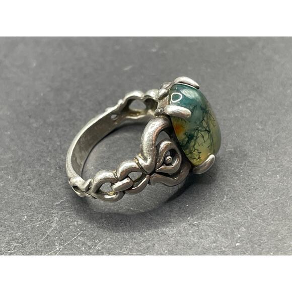 Vintage 925 Sterling Silver Moss Agate Gemstone Ornate Jewelry Ring Sz 6 6.45g - Picture 5 of 12